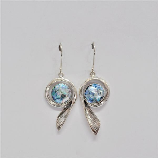 Shiny Silver Bent Reed Roman Glass Earrings