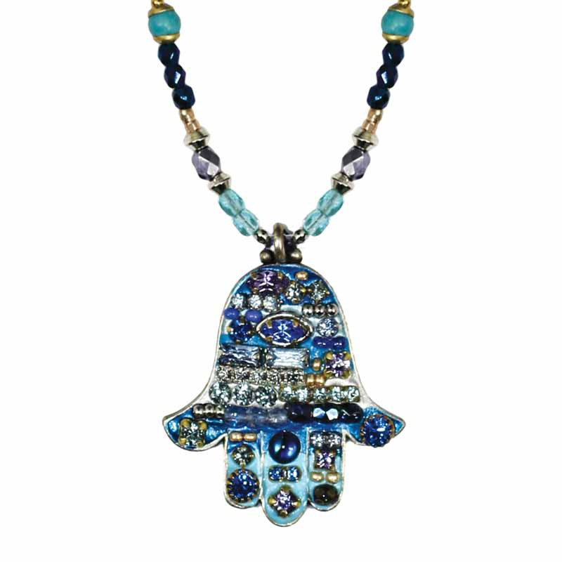 Multi Bright Blue Large Hamsa Beaded Necklace by Michal Golan