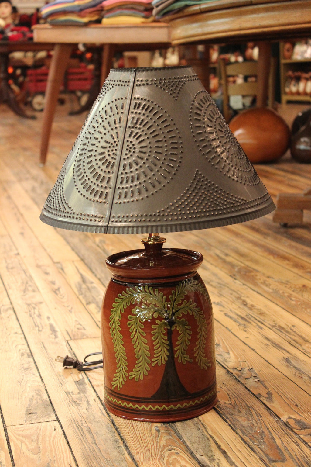 Redware Large Lamp with Tree of Life