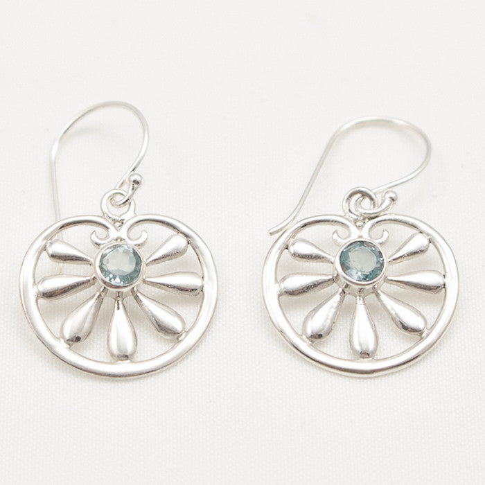 Sterling Silver Floral Dangle with Faceted Blue Topaz Center Earrings