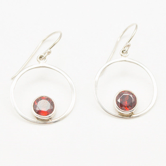 Sterling Silver Round Dangle with Faceted Round Garnet Earrings