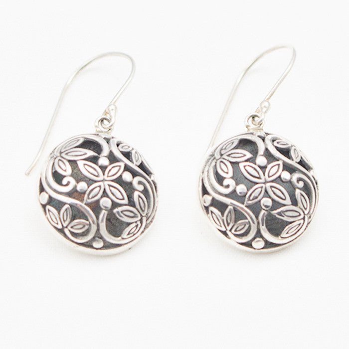Sterling Silver Round Vine Relief Dangle Earrings