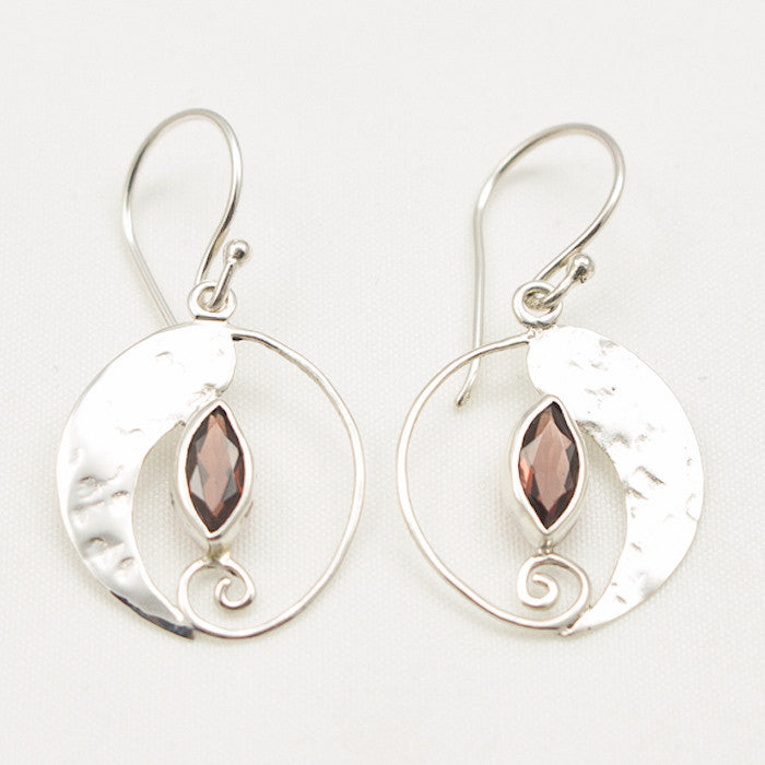 Sterling Silver Part Hammered Dangle with Garnet Marquise Cut Earrings