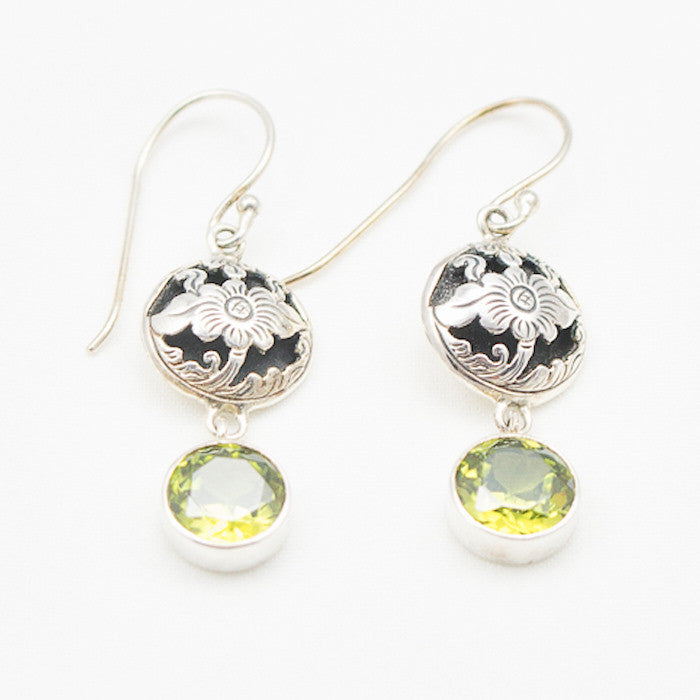 Sterling Silver Floral Cutout with Peridot Drop Earrings