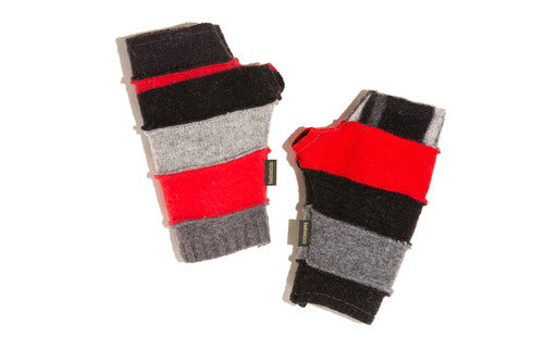 Wool Fingerless Gloves in Red, Black and Grey
