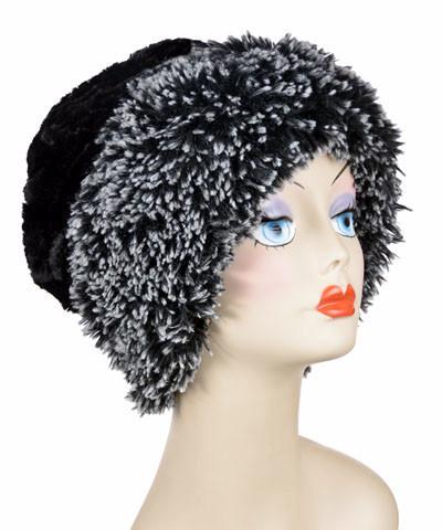 Silver Tipped Fox in Black with Cuddly Black Luxury Faux Fur Beanie Large