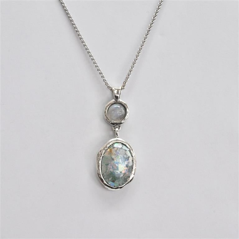 Oval Drop with Moonstone Roman Glass Necklace