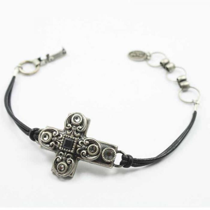 Black and Silver Small Cross Leather Bracelet by Michal Golan