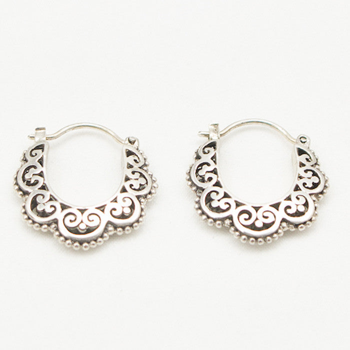 Sterling Silver Sideways Hoop with Curly Design Earrings