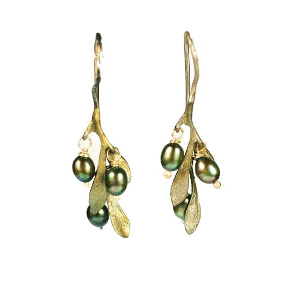 Olive Wire Drop with Pearl Earrings by Michael Michaud