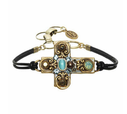 Gold and Blue Crystal Cross Leather Bracelet by Michal Golan