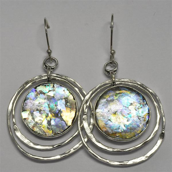 Offset Ringed Round Patina Roman Glass Earrings