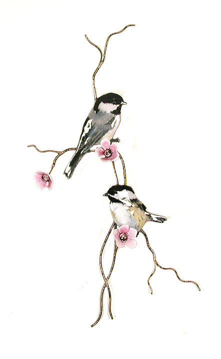 Two Chickadees on Branch with Pink Flowers Wall Art by Bovano Cheshire