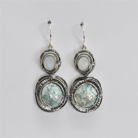 Shiny Silver Two Tier Dangle Roman Glass Earrings