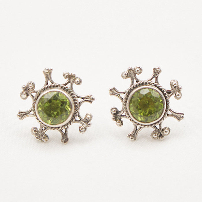 Sterling Silver Ornate Post with Round Faceted Peridot Earrings