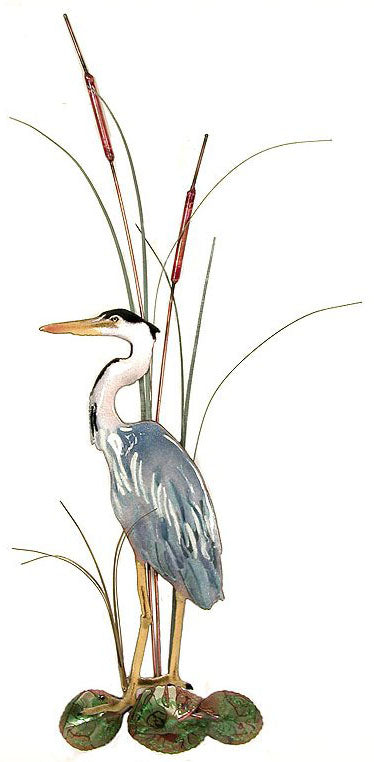 Small Great Blue Heron with Cattails Facing Left Wall Art by Bovano Cheshire