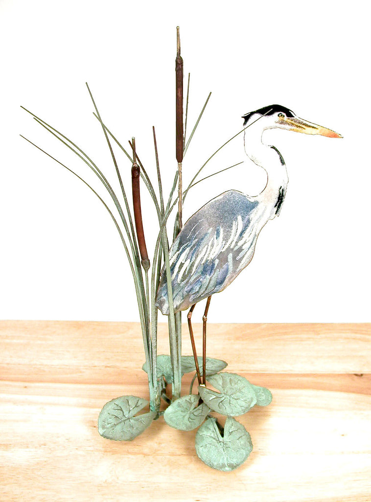 Great Blue Heron in Cattails Facing Right - Table Art by Bovano Cheshire