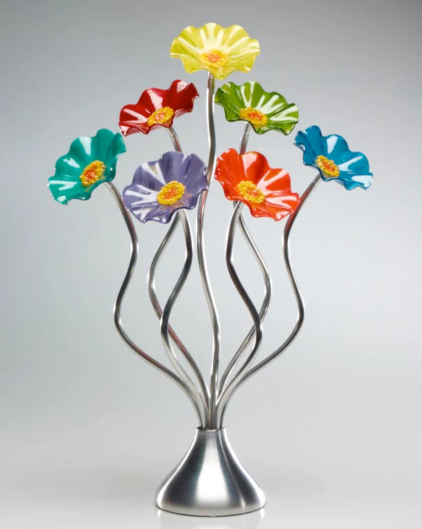 Chromatic Silver Base 7 Large Flower Handblown Glass Bouquet