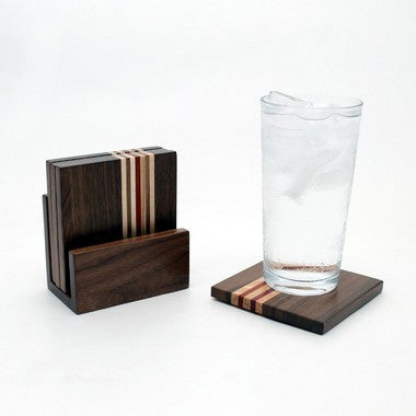 Set of 6 Striped Coasters in Walnut with Holder