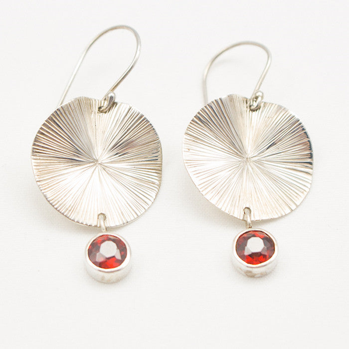 Sterling Silver Lily Pad with Garnet Drop Earrings