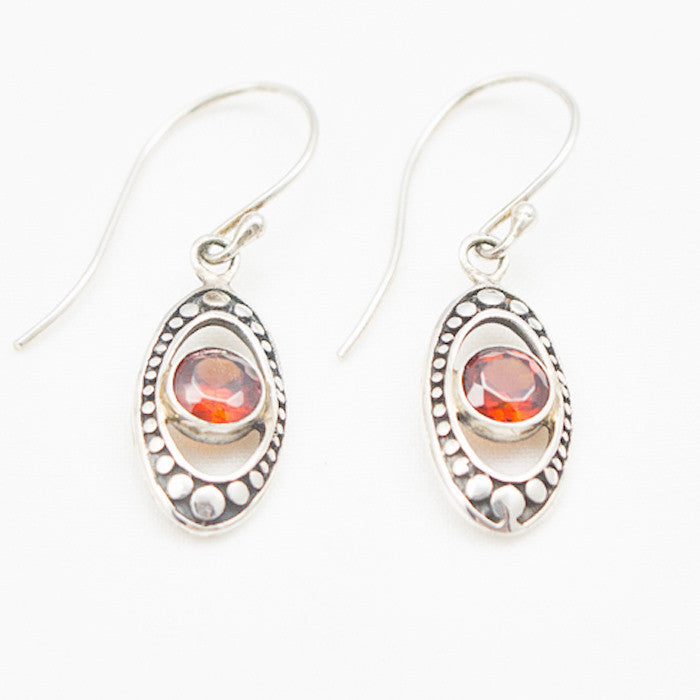 Sterling Silver Oval Cosmos with Garnet Center Dangle Earrings