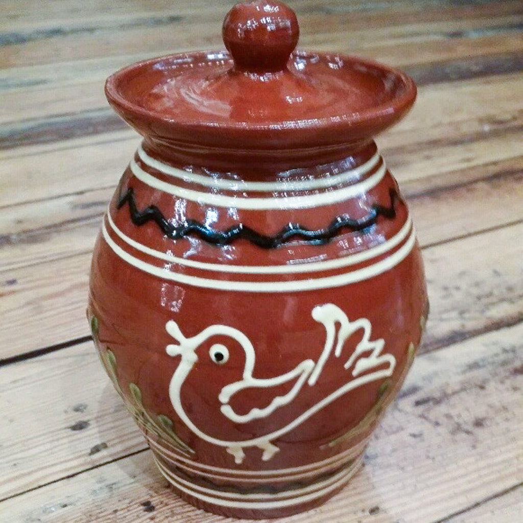 Redware Small Canister with Chicken