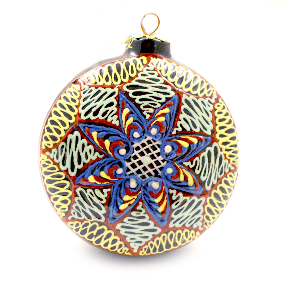 Blue, Red, and White Small Round Ceramic Ornament