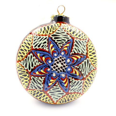 Blue, Red, and White Small Round Ceramic Ornament