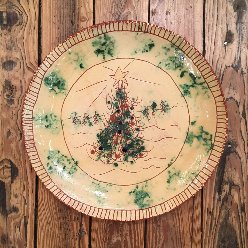 Slip Trail and Sgraffito Tree Design Redware Pottery Plate