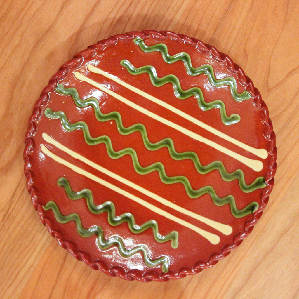 Redware 7'' Plate with Green and White Lines