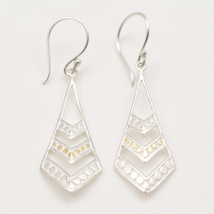 Sterling Silver Narrow 3 Tiered Chevron Dot with 18k Gold Center Earrings