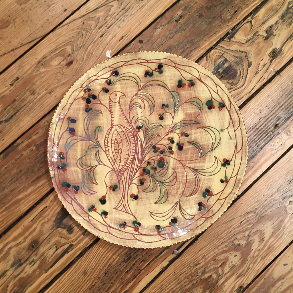 Slip Trail and Sgraffito Bird Design Redware Pottery Plate