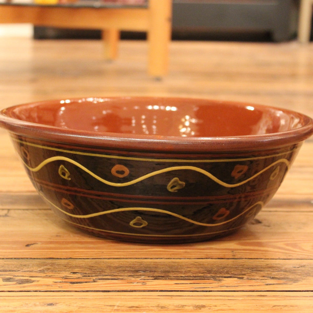 Redware Large Bowl with Waves and Polka Dots