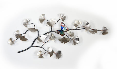 Stainless Steel Gingko with Blue Butterfly Wall Art by Bovano