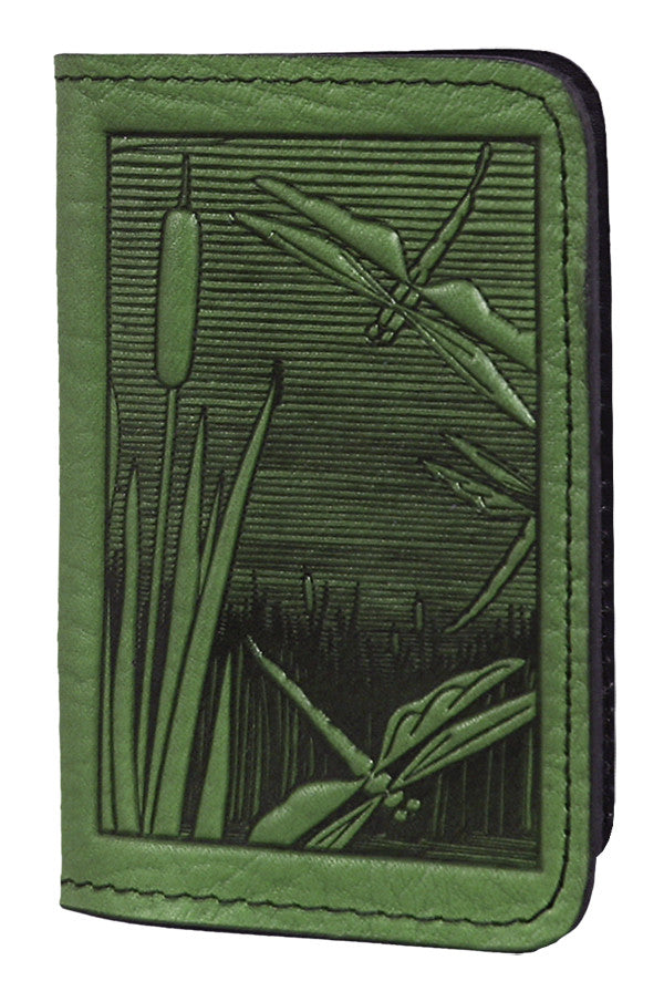 Leather Card Holder - Dragonfly Pond in Fern