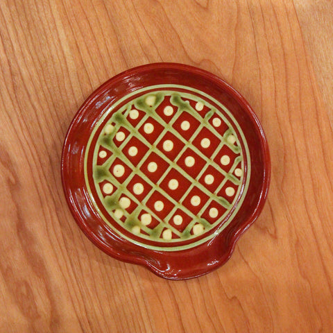 Redware Spoon Rest with Grid and Polka Dots