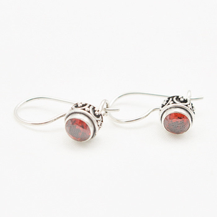 Sterling Silver Round Faceted Garnet Dangle with Side Detail Earrings