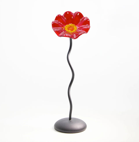 Red Solid Black Base Single Handblown Glass Flower