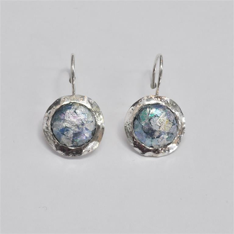 Shiny Silver Circle Roman Glass Earrings