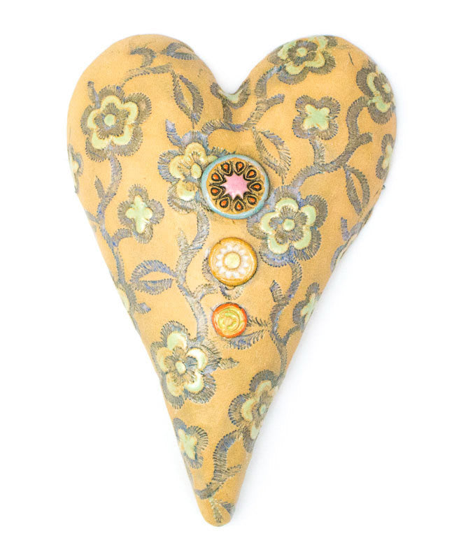 Buttons on Green Flowers Heart Ceramic Wall Art - Medium