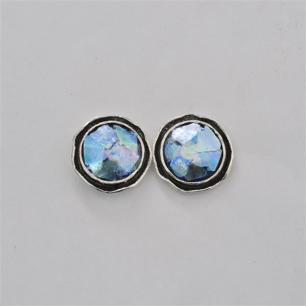 Petite Channel Framed Round Patina Roman Glass Post Earrings