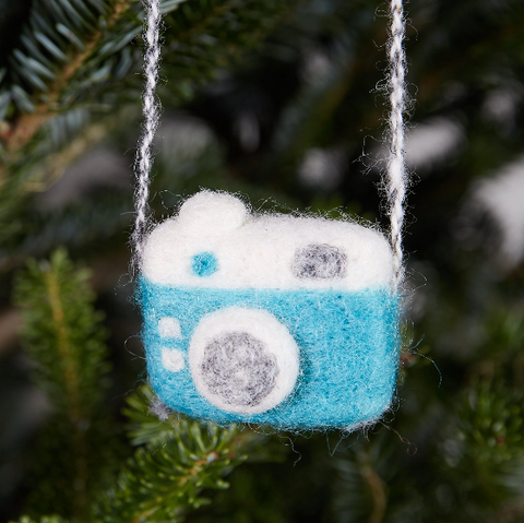 Camera in Blue Woolie Ornament