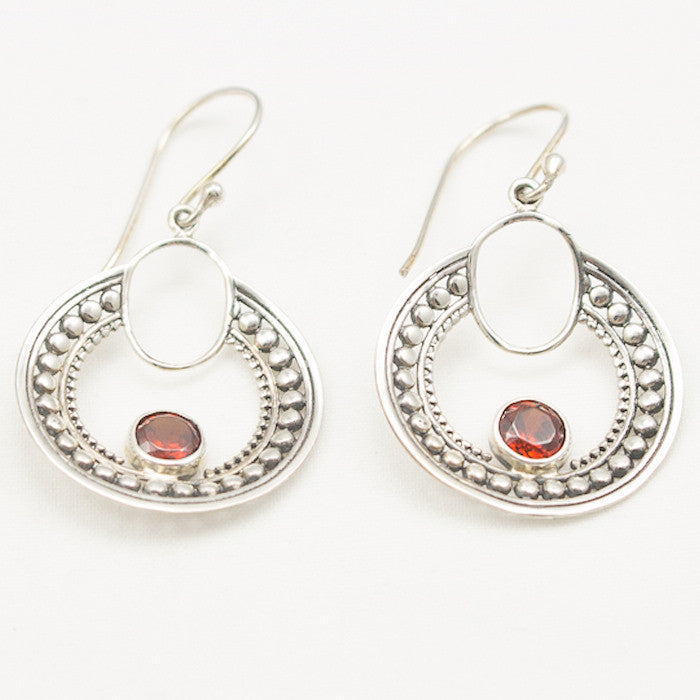 Sterling Silver Round Earrings with Faceted Garnet