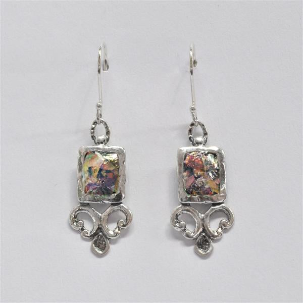 Silver Square with Open Drop Roman Glass Earrings