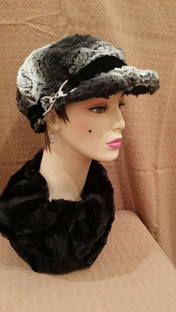 Black Chinchilla Luxury Faux Fur Valerie Hat with Buckle: Size Large