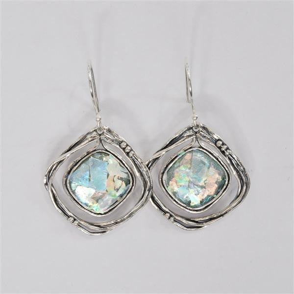 Double Diamond Dangle Patina Roman Glass Earrings