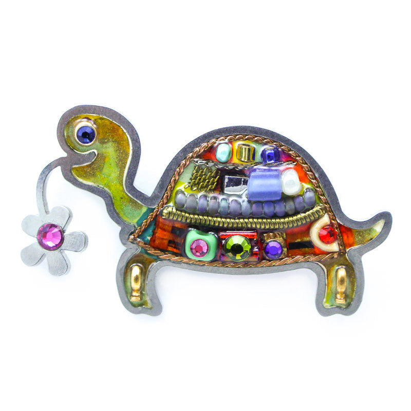 Riverstone Turtle with Flower Pin