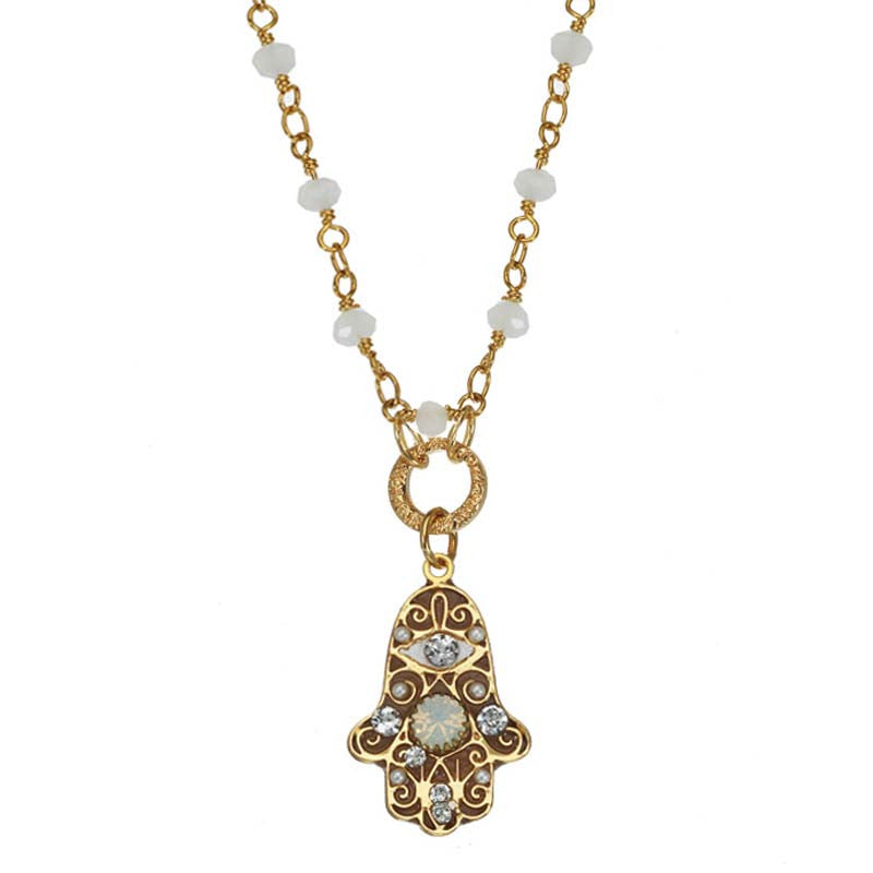 Gold and Pearl Medium Hamsa Rosary Bead Necklace by Michal Golan