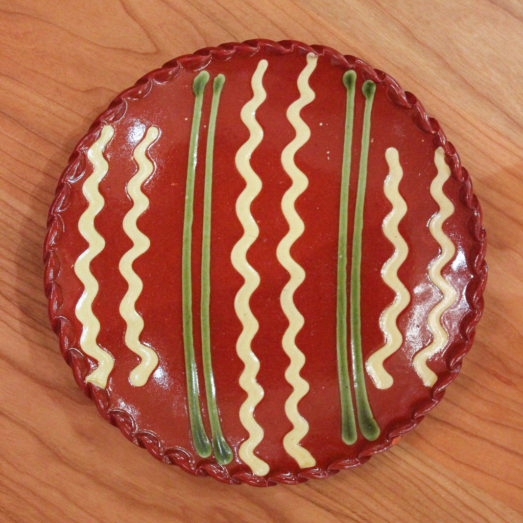 Redware 7'' Plate with White and Green Lines