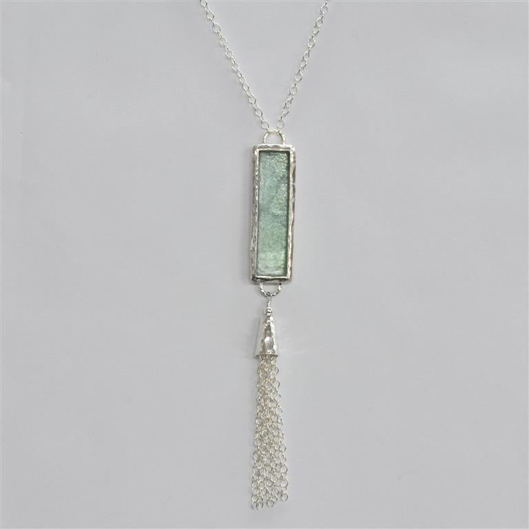Long Rectangle with Drop Washed Roman Glass Necklace
